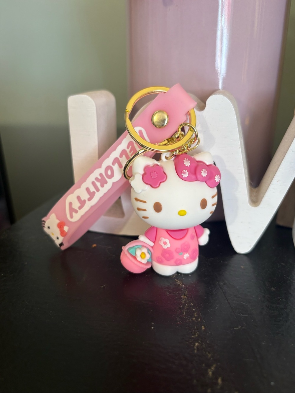 Sanrio Hello Kitty Pink Floral Silicone Keychain with Gold Ring